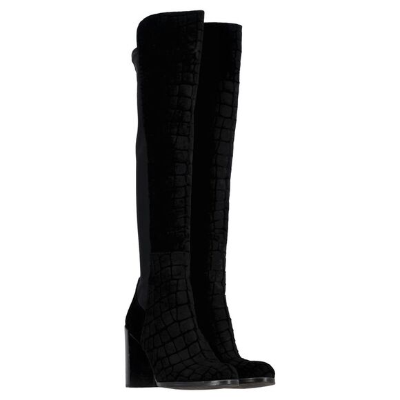 Stuart Weitzman Crocodile-Embossed Knee-High Heeled Boots in Black Velvet - Picture 6 of 12